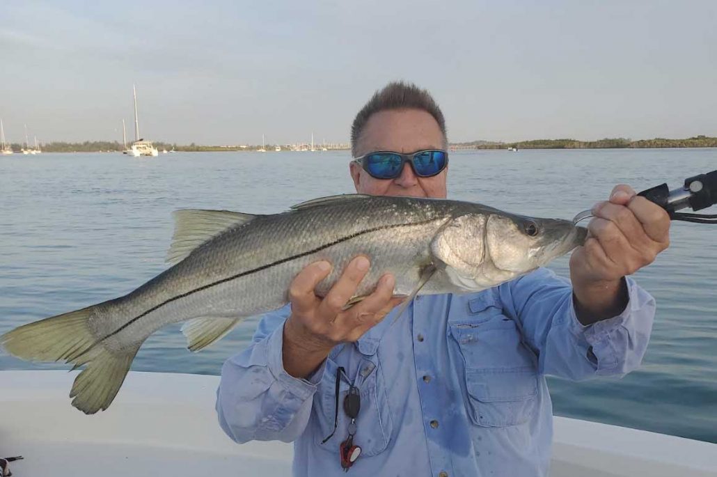 Capt. John with a chubby 26 inch snook that ate a live pilchard in the Fort Pierce Inlet!